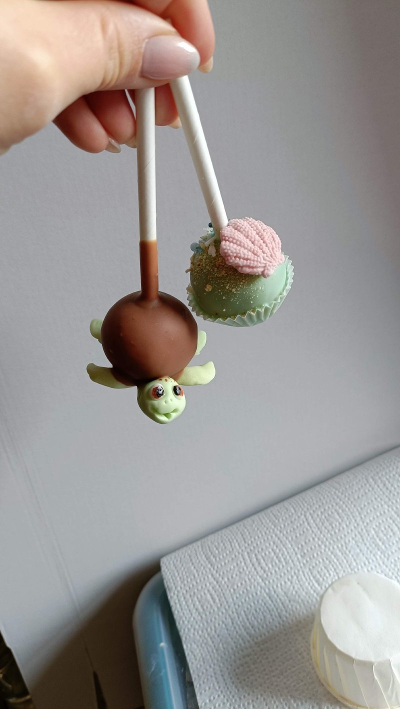 Dwa ozdobne cake popy trzymane w dłoni: jeden z figurką żółwia, drugi z muszelką.
