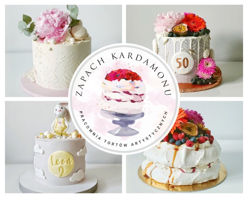 Kolaż czterech zdjęć prezentujących różne torty artystyczne i logo pracowni.