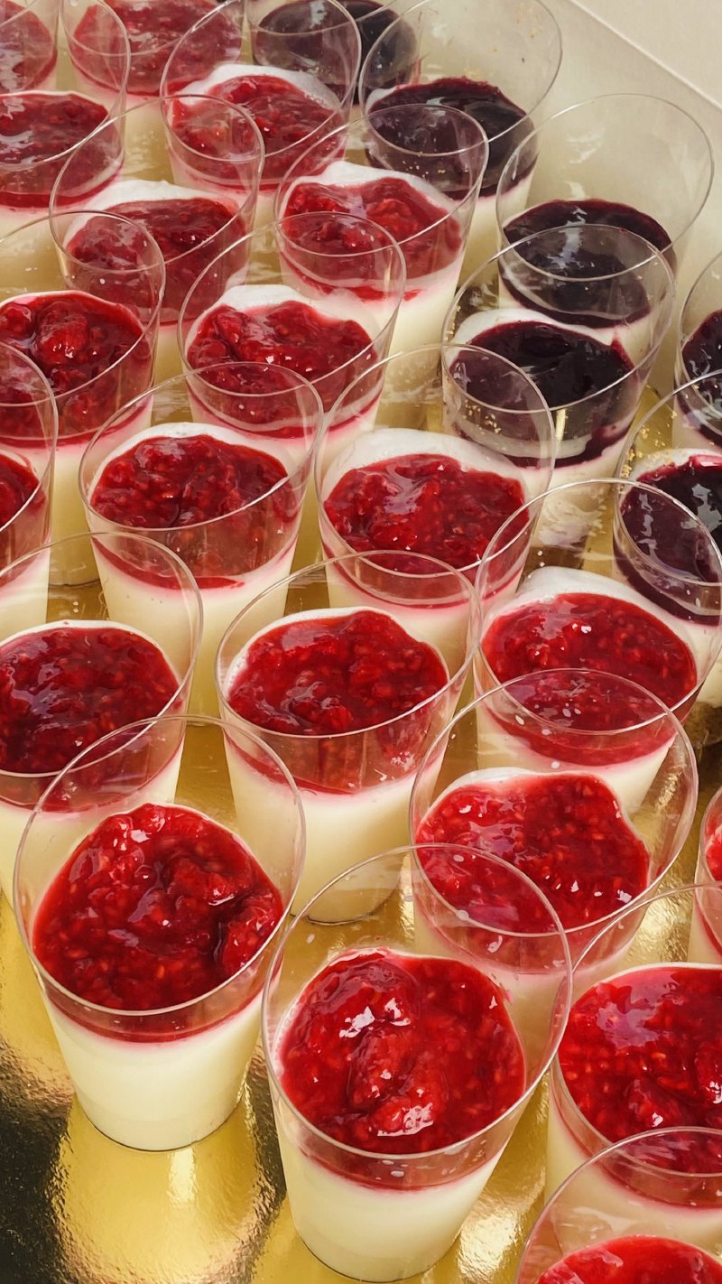Zestaw małych deserów Panna Cotta z polewą z czerwonych owoców